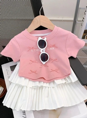 女童童装2025洋气甜美蝴蝶结夏季新款宝宝短袖T恤儿童上衣纯棉T恤