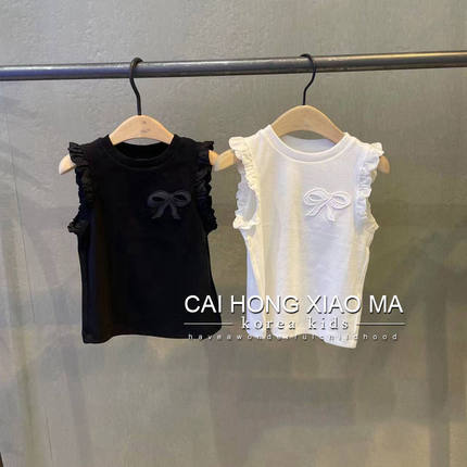 女童无袖背心2025洋气刺绣蝴蝶结时尚圆领纯棉花边宝宝无袖上衣