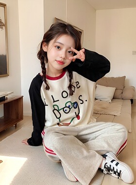 儿童韩系卡通印花纯棉撞色插肩袖女童宽松百搭童装春秋长袖T恤