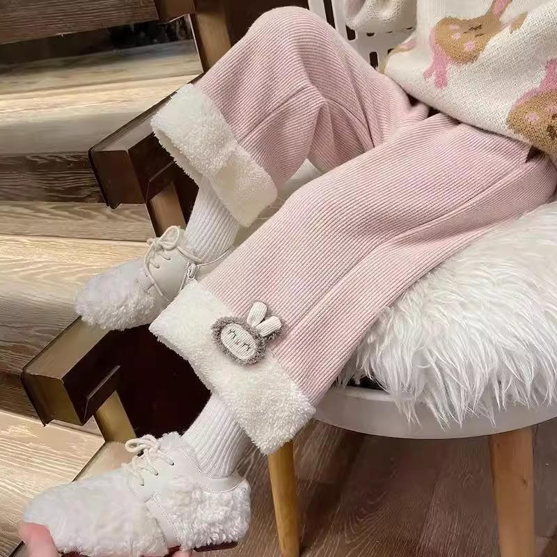 女童加绒裤子冬装儿童时髦加厚直筒裤洋气女宝宝保暖灯芯绒阔腿裤