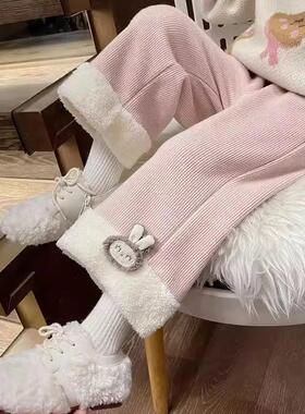 女童加绒裤子冬装儿童时髦加厚直筒裤洋气女宝宝保暖灯芯绒阔腿裤