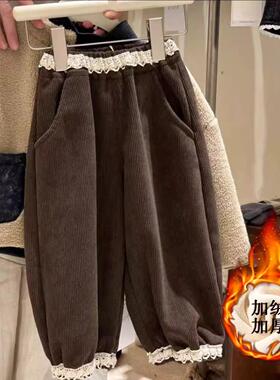 儿童秋冬加绒花边一体绒灯芯绒女童休闲裤宝宝加绒加厚束脚休闲裤