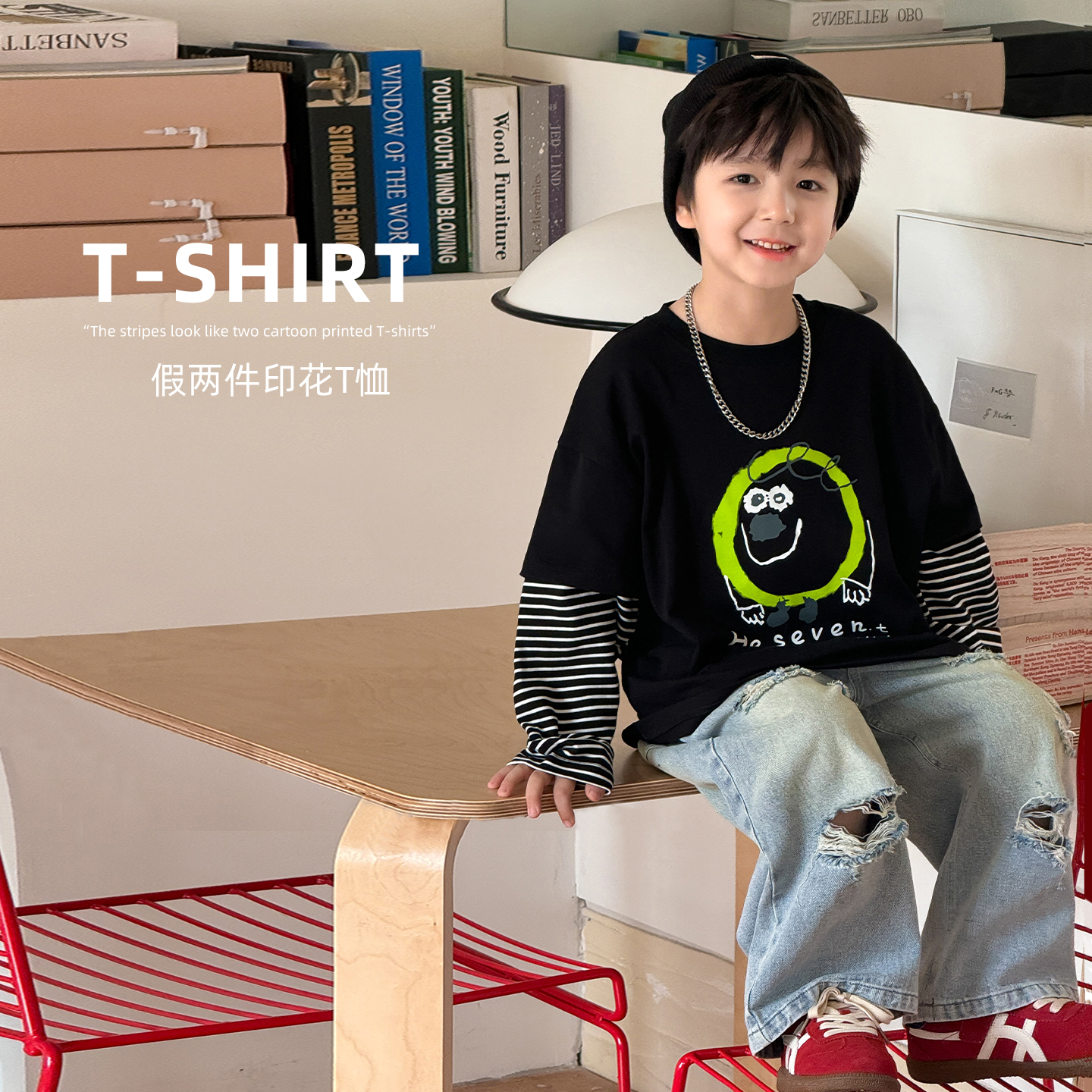 儿童春秋款长袖打底衫童装条纹假两件上衣卡通印花中小童儿童T恤