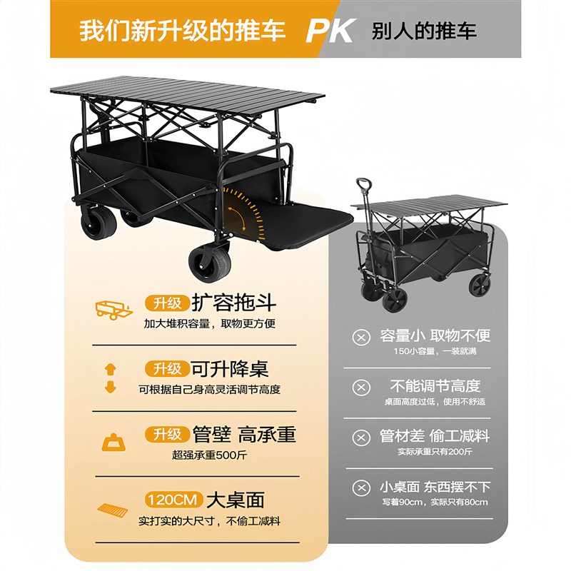 夜市拉车地摊升降折叠桌摆摊小推车户外露营车野餐车便携收纳