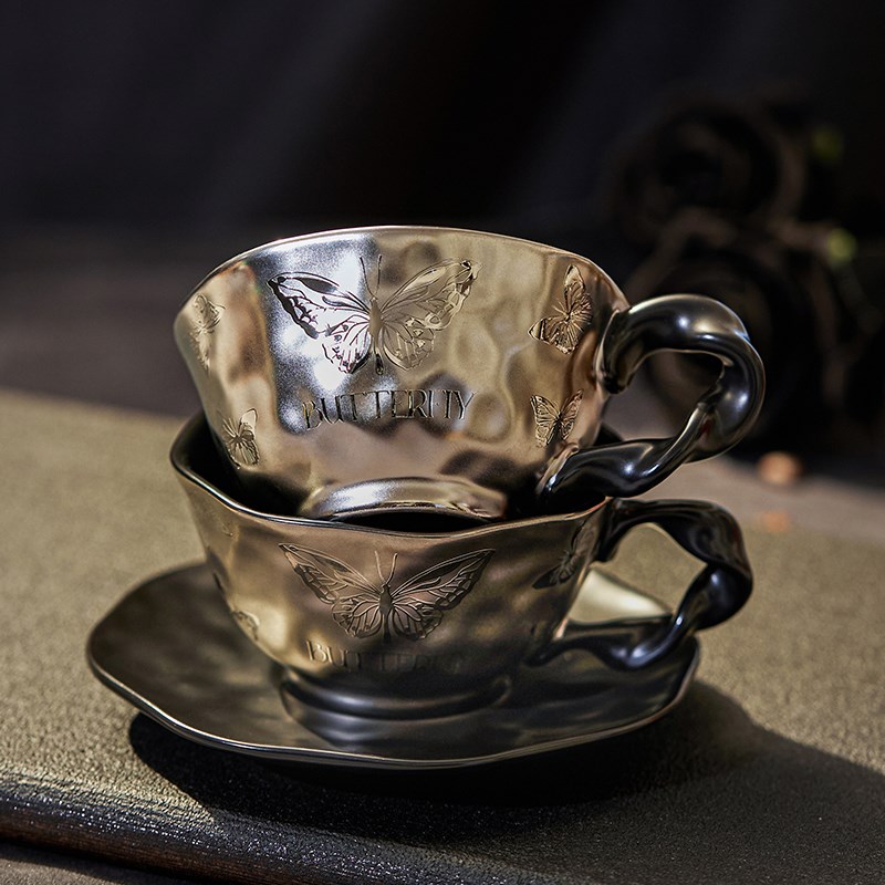 暗银轻奢蝴蝶陶瓷特色咖啡杯碟创意高颜值家用办公马克杯子泡茶杯