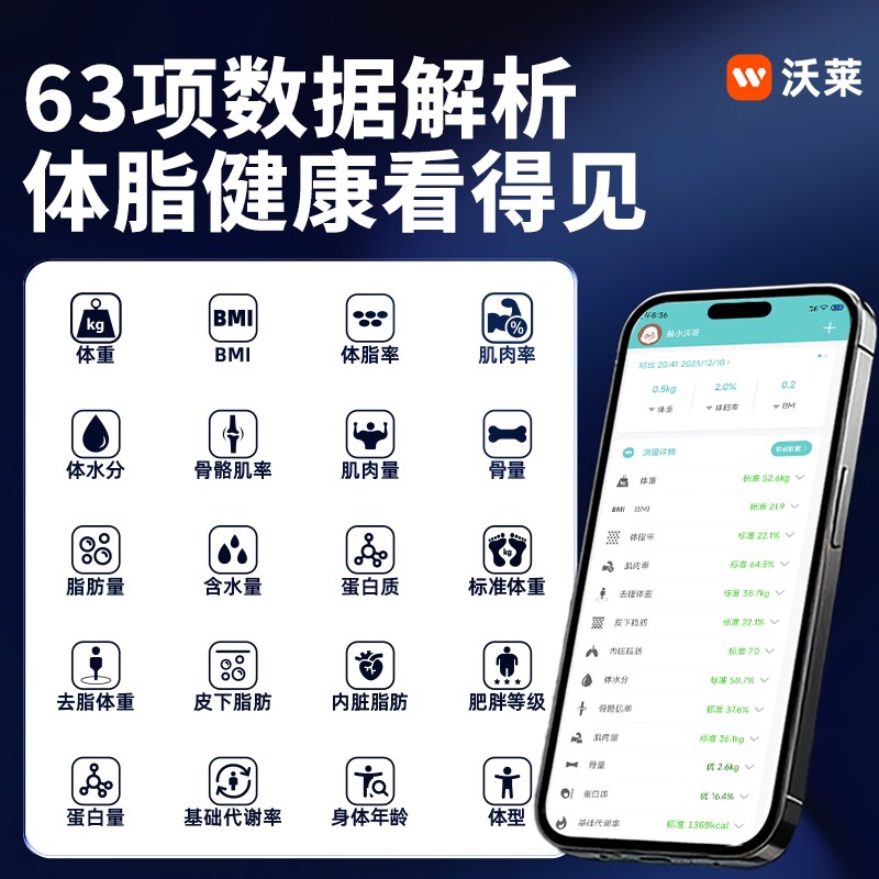 沃莱S3智能体脂秤体重秤家用电子称高精准测脂健康秤