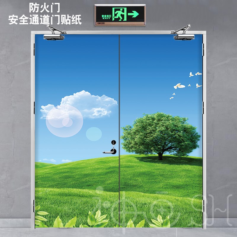 小清新仿油画风景防火门贴自粘定制双开门遮挡贴纸走廊门遮挡装饰图片