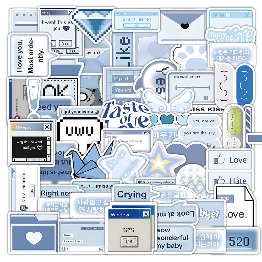 212张盐系拼贴素材贴纸ins风简约蓝色卡通图案装饰手机壳防水贴画