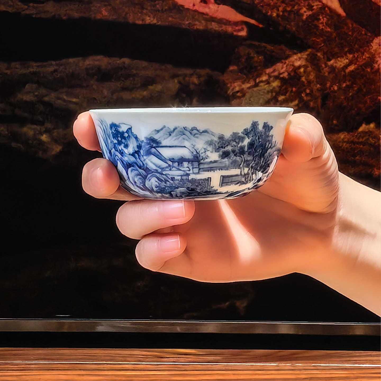 冯祖传祖传窑柴窑圆明园山水鸡缸杯青花景德镇瓷器纯手工陶瓷送礼