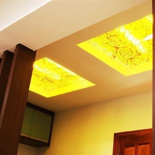 定制彩绘钢化艺术玻璃玄关隔断走廊打灯天吊顶灯罩子金黄玫瑰