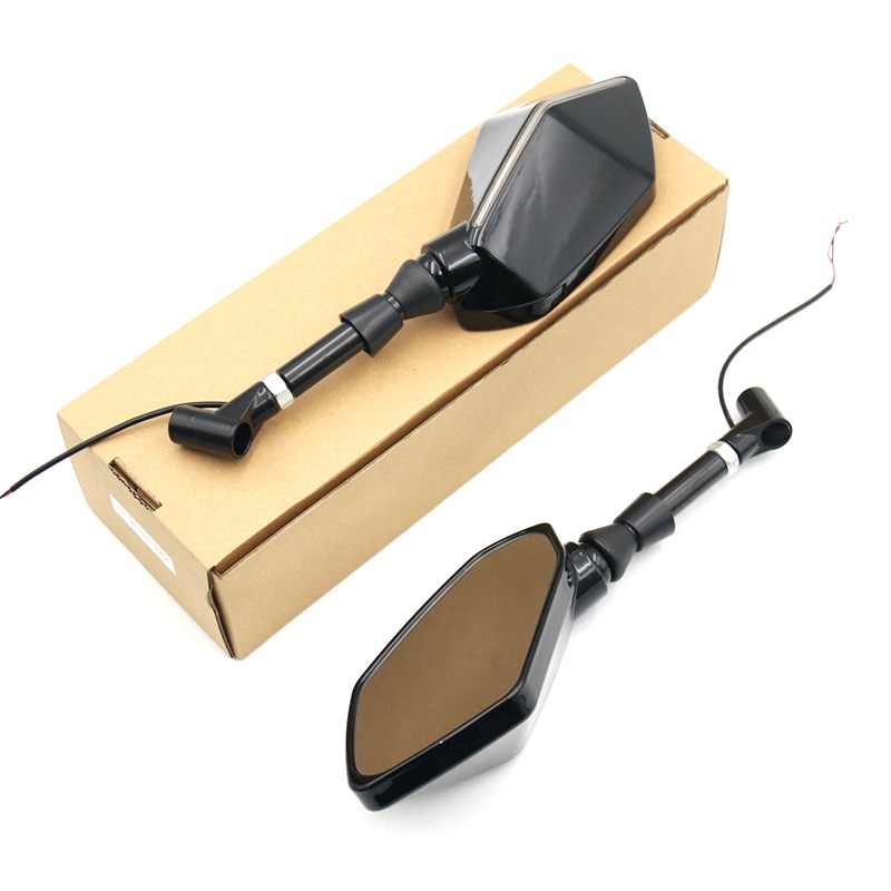 摩托车改装 后视镜通用带灯后视镜LED转向灯反光镜水转印炭纹带灯