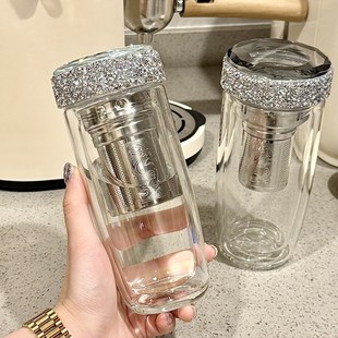 带钻杯子高级感轻奢高颜值双层高硼硅玻璃杯耐高温水杯女士泡茶杯