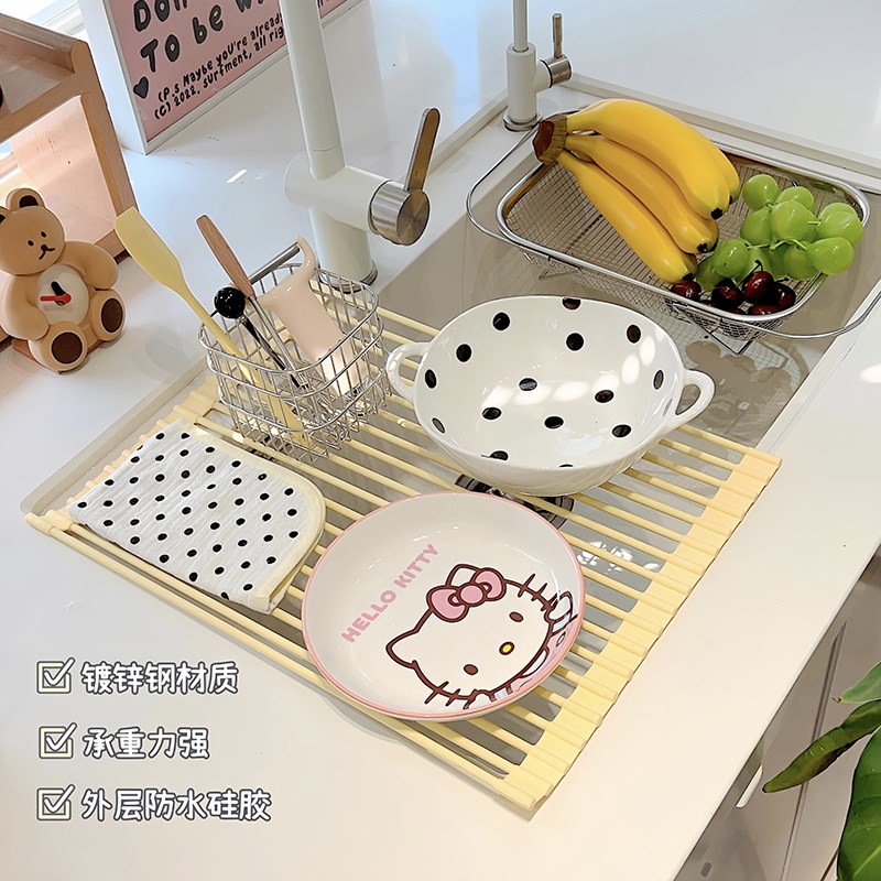 奶黄厨房水槽沥水架洗水池置物架抹布海绵收纳碗碟沥水篮承重强
