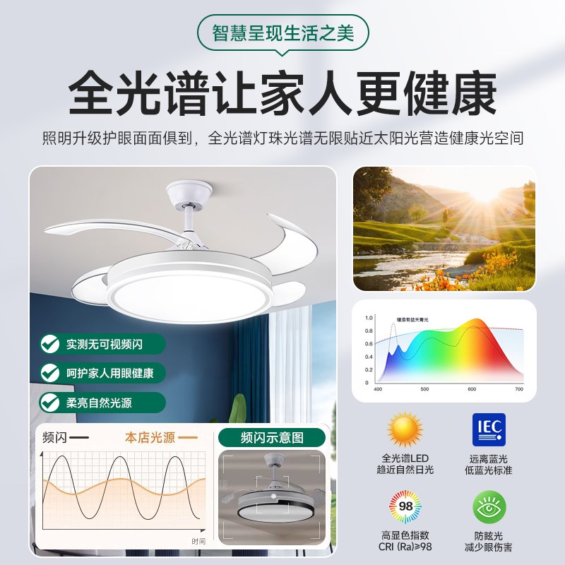 全光谱护眼隐形风扇灯2024新款卧室餐厅客厅吊扇灯现代简约电扇灯