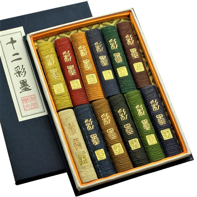 徽墨墨块彩色墨锭老胡开 文彩色墨条手工彩龙墨书画 画彩墨套