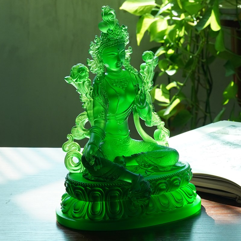 尼泊尔藏式琉璃绿度母佛像摆件家庭家用供奉观音佛像菩萨镶嵌宝石