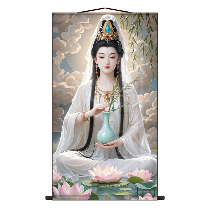 白衣观音画像保平安佛堂供奉挂画观世音菩萨佛像挂画丝绸画卷轴画