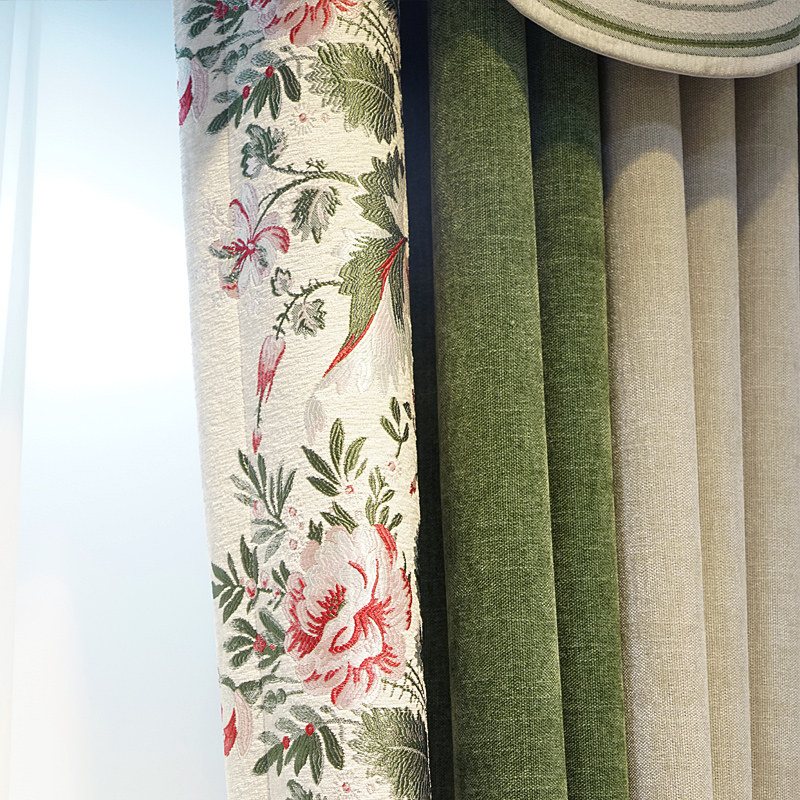 现代简约加厚雪尼尔窗帘欧式客厅卧室遮光美式落地飘窗绣花纱窗帘