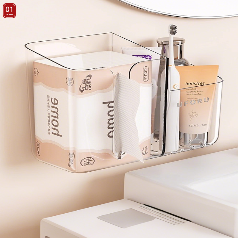 日本家用洗脸巾收纳盒卫生间壁挂式多功能抽纸盒牙刷牙膏置物架