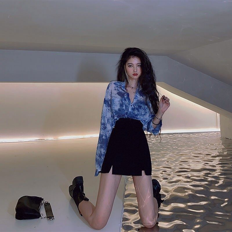 2025年雪纺设计感衬衫上衣+黑色显瘦高腰A字短裙两件式套装女潮春
