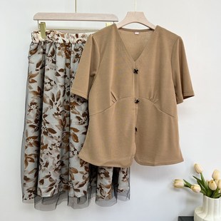 气质短袖 夏款 套装 中老年女装 两件套裙子洋气 连衣裙女新款 妈妈夏装