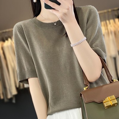 超细羊毛短袖针织T恤女宽松圆领上衣2024新款空调房薄款打底小衫
