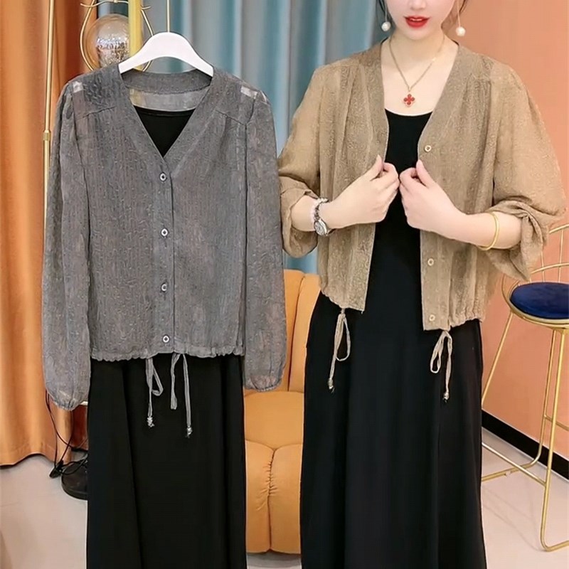 气质时尚套装女夏季洋气长袖v领系带开衫防晒衫+背带连衣裙两件套