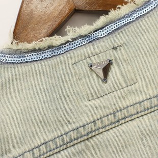 欧美单春秋款童装 女童纯棉圆领毛边带亮片牛仔外套 6F-5-3