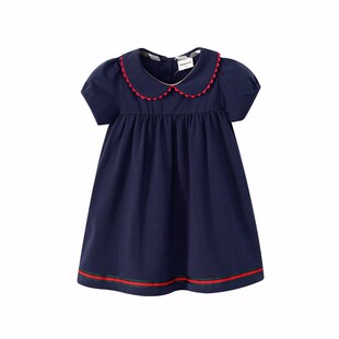 洋气女童短袖连衣裙证件照夏季宝宝娃娃领公主裙子翻领学院风童装