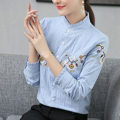 全棉衬衣2024春装新款女装木耳领上衣绣花白色职业立领长袖女衬衫