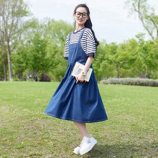 洗水牛仔背带裙初中生少女学生夏季学院风中长款吊带连衣裙子套装