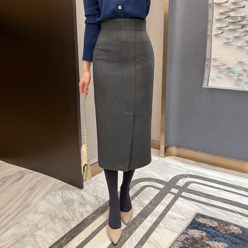 深灰毛呢裙子侧开叉半身裙2024秋冬新款高腰显瘦中长款包臀一步裙