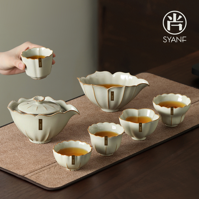 汝窑陶瓷茶具套装2024新款手抓壶家用泡M茶主人杯轻奢高档礼盒装