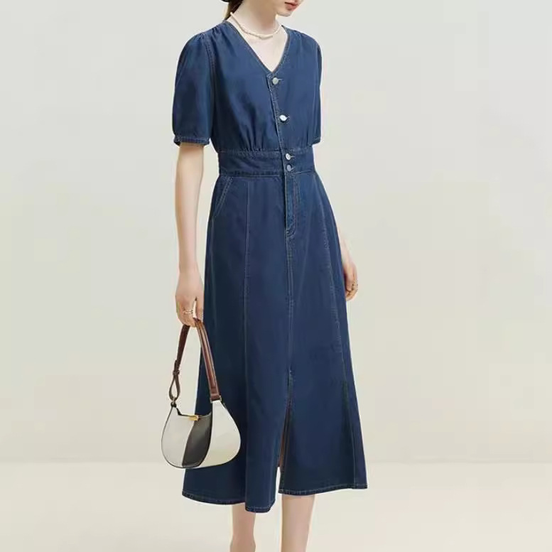 范思蓝 牛仔长裙连衣裙女夏季新款V领修身鱼尾裙子