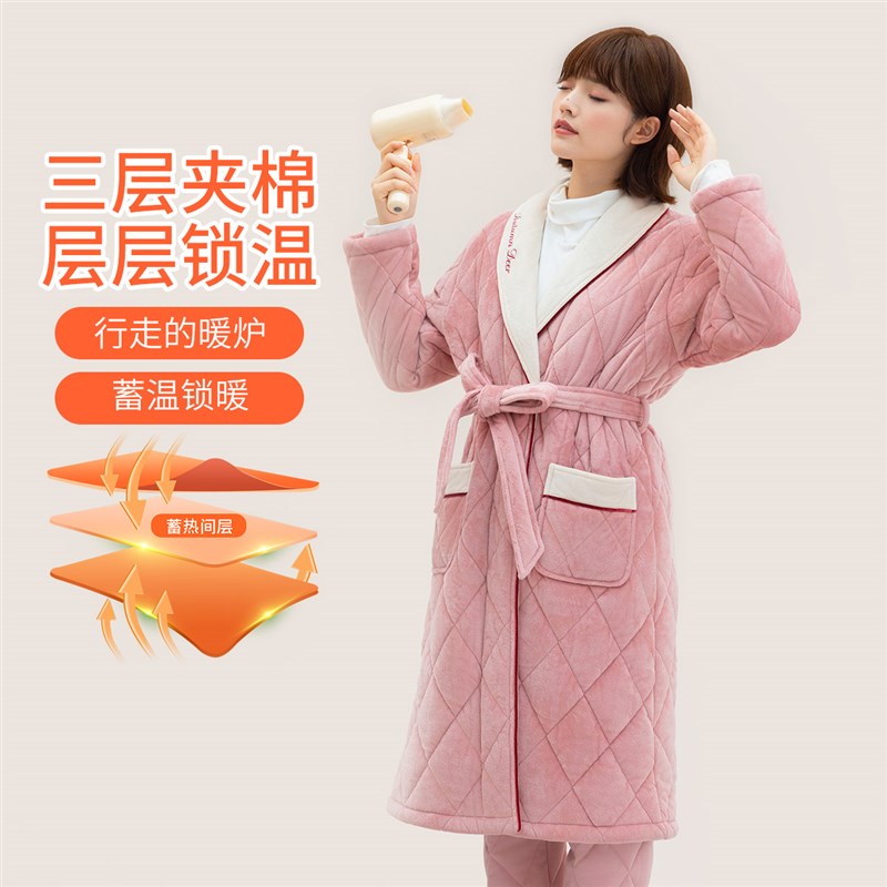 秋鹿珊瑚绒睡袍冬款女大码晨袍中长款男士浴袍式睡衣秋冬情侣长袍