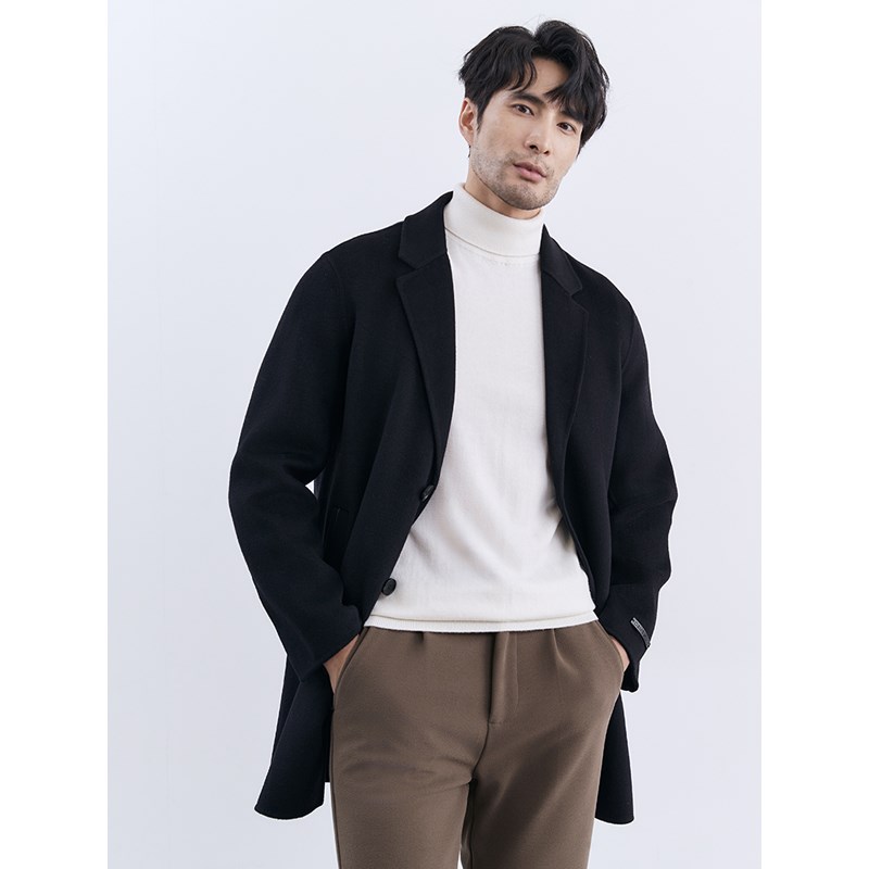 2024秋冬高级感绵羊毛男士中长款西装领保暖双面毛呢大衣时尚外套