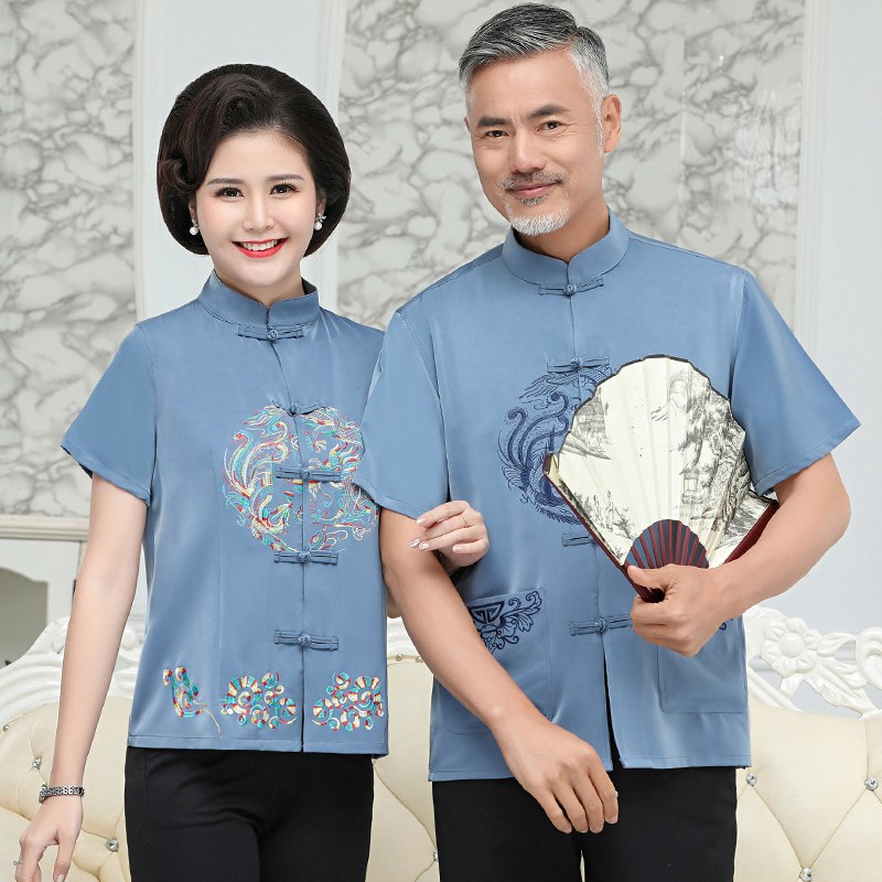真丝唐装男中老年夏季爷爷奶奶短袖套装老人生日过寿夏装父母衣服
