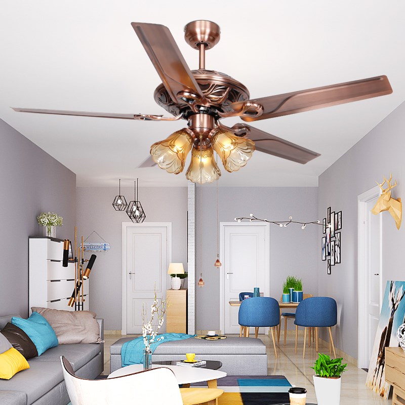 家用餐厅卧室灯欧式复古静音大风力带灯铁叶电风扇灯装饰风扇灯