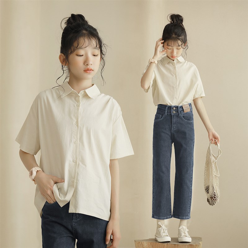 女童牛仔裤夏季新款2024中大童高腰显瘦直筒裤女孩休闲九分裤薄款