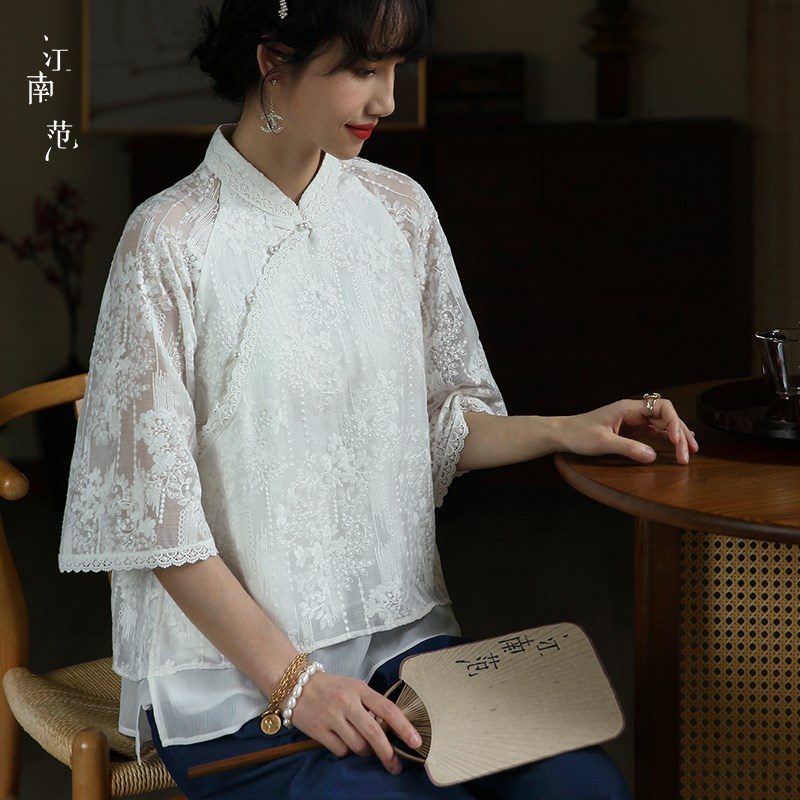 江南范白色蕾丝改良旗袍短款上衣民国风复古素雅清新茶服小衫