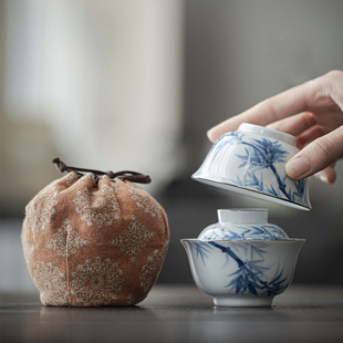 轻奢收纳袋户外旅行茶具小套组 仿古手绘青花竹子盖碗r茶杯套装