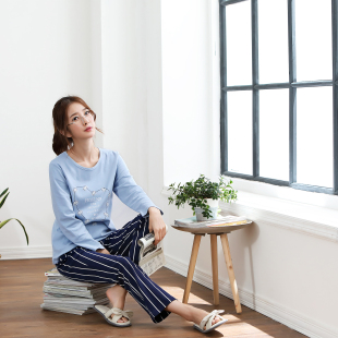 家居服女两件套秋2026新款纯棉长袖圆领韩版清新慵懒套装睡衣