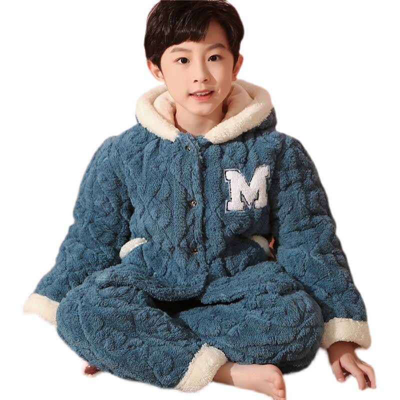 男童冬季三层夹棉加厚加绒女童睡衣加大码保暖超厚款法兰绒家居服