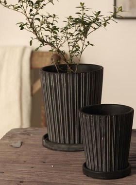 复旧暗色花盆轻侘寂风中式陶土透气黑色条纹家居简约长阳绿植花卉