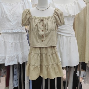 2024夏季新款木耳边方领短款上衣短款半身裙两件套小个子时尚套装