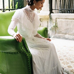 复古轻婚纱长袖 春夏古董民国风蕾丝迎宾出门纱礼服小个子敬酒服