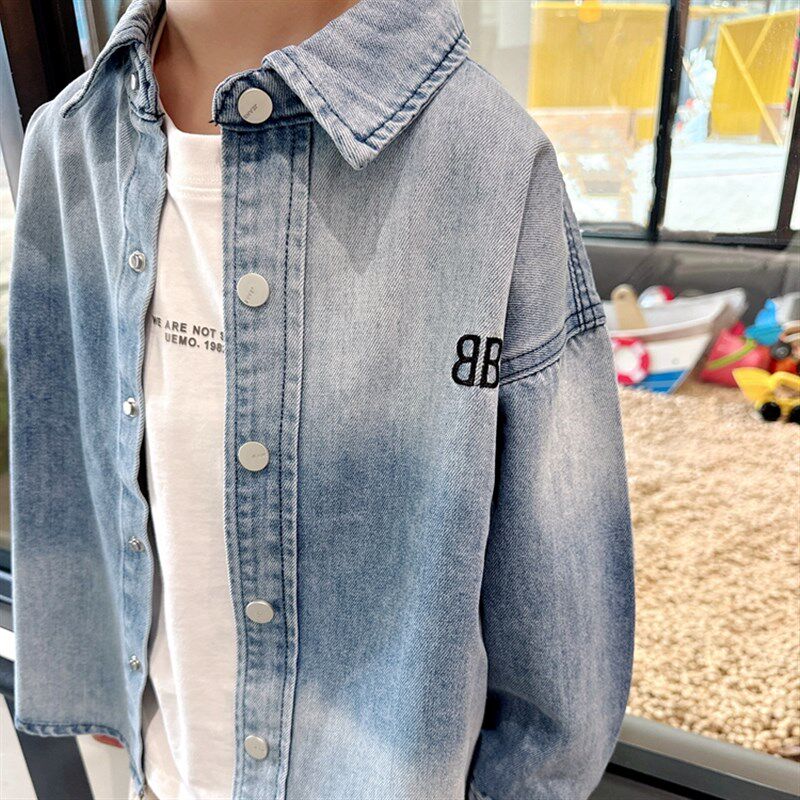洋气渐变色~男童薄款软牛仔衬衫外套2025春季儿童宽松翻领衬衣潮