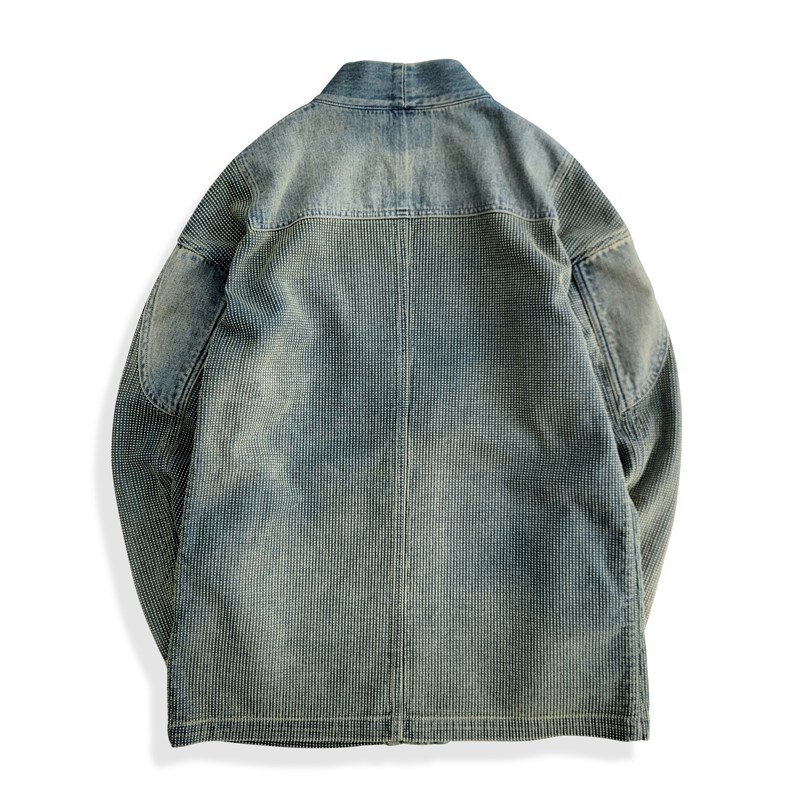 西里布蓝染牛仔刺子道袍夹克开衫外套咔叽复古水洗拔染做旧非rrl