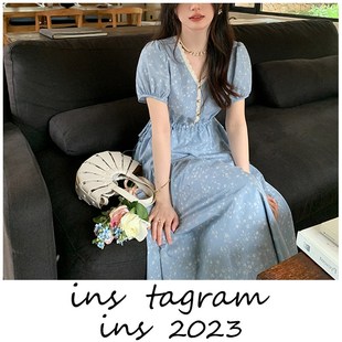 衬衫 纯棉碎花短袖 连衣裙女小众一字肩上衣小姐 夏日花信 花栗鼠