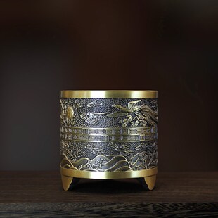 纯铜古风笔筒加厚复古文玩放笔盒大办公桌桌面摆件装饰品实用黄铜